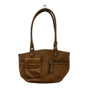 Tignanello Womens Shoulder Bag Mustard Brown Leather Mag Snap Outside Zip Pocket